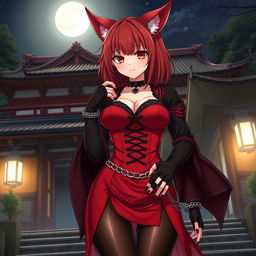 An enticing gothic anime girl Kitsune with shoulder-length red hair, dressed in a sexy red and black Japanese-style dress richly detailed with chains