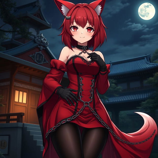 An enticing gothic anime girl Kitsune with shoulder-length red hair, dressed in a sexy red and black Japanese-style dress richly detailed with chains