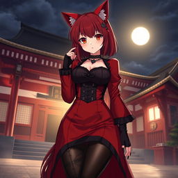 An enticing gothic anime girl Kitsune with shoulder-length red hair, dressed in a sexy red and black Japanese-style dress richly detailed with chains