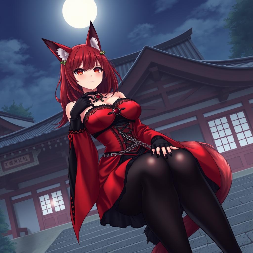 An enticing gothic anime girl Kitsune with shoulder-length red hair, dressed in a sexy red and black Japanese-style dress richly detailed with chains