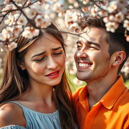 An emotional scene depicting a woman crying, her face expressing deep sadness with tears glistening in her eyes, while a man beside her beams with a warm, radiant smile, showcasing contrasting feelings of sorrow and joy