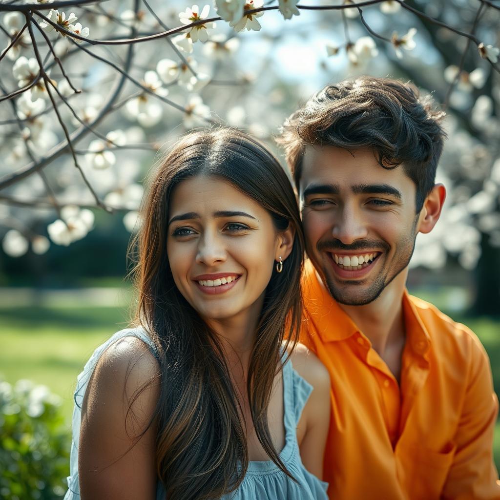 An emotional scene depicting a woman crying, her face expressing deep sadness with tears glistening in her eyes, while a man beside her beams with a warm, radiant smile, showcasing contrasting feelings of sorrow and joy