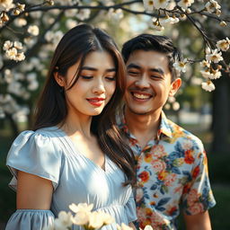 An emotional scene depicting a woman crying, her face expressing deep sadness with tears glistening in her eyes, while a man beside her beams with a warm, radiant smile, showcasing contrasting feelings of sorrow and joy