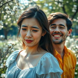 An emotional scene depicting a woman crying, her face expressing deep sadness with tears glistening in her eyes, while a man beside her beams with a warm, radiant smile, showcasing contrasting feelings of sorrow and joy