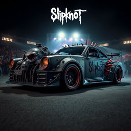 A surreal and dynamic image of a custom-designed car inspired by the heavy metal band Slipknot