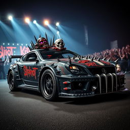 A surreal and dynamic image of a custom-designed car inspired by the heavy metal band Slipknot