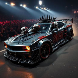 A surreal and dynamic image of a custom-designed car inspired by the heavy metal band Slipknot