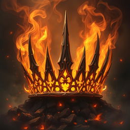 An ornate crown crafted from ashes and flames, intricately designed with sharp, elegant spikes and flowing tendrils of smoke