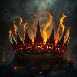 An ornate crown crafted from ashes and flames, intricately designed with sharp, elegant spikes and flowing tendrils of smoke