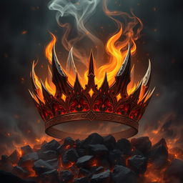 An ornate crown crafted from ashes and flames, intricately designed with sharp, elegant spikes and flowing tendrils of smoke