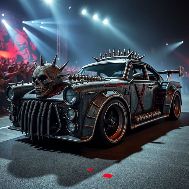 A surreal and dynamic image of a custom-designed car inspired by the heavy metal band Slipknot