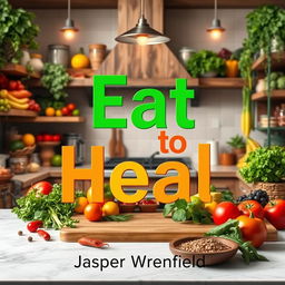 A realistic and vibrant kitchen scene, filled with an abundance of fresh fruits, vegetables, herbs, and spices creating a lively atmosphere