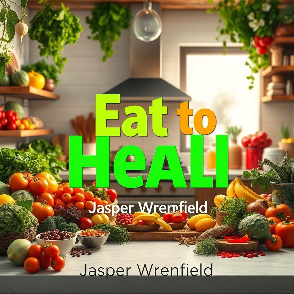 A realistic and vibrant kitchen scene, filled with an abundance of fresh fruits, vegetables, herbs, and spices creating a lively atmosphere