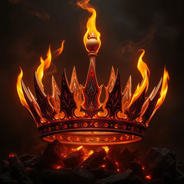 An elaborate crown forged from ashes and flames, designed with a striking mix of fiery elements and delicate, smoky accents