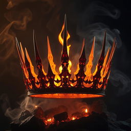 An elaborate crown forged from ashes and flames, designed with a striking mix of fiery elements and delicate, smoky accents