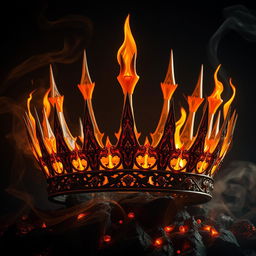 An elaborate crown forged from ashes and flames, designed with a striking mix of fiery elements and delicate, smoky accents