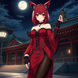 A stunning gothic anime girl Kitsune with shoulder-length red hair, dressed in an enticing red and black Japanese-style dress intricately detailed with chains