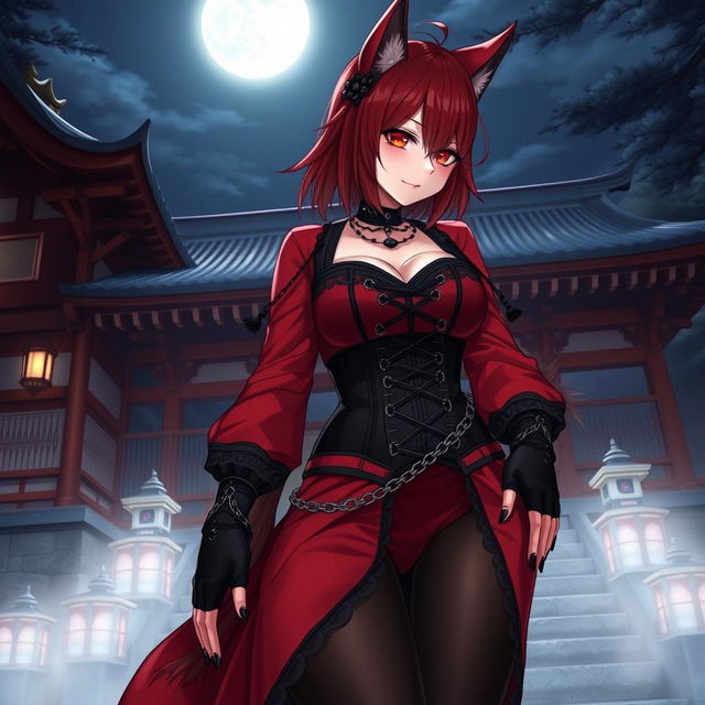 A stunning gothic anime girl Kitsune with shoulder-length red hair, dressed in an enticing red and black Japanese-style dress intricately detailed with chains