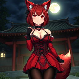 A stunning gothic anime girl Kitsune with shoulder-length red hair, dressed in an enticing red and black Japanese-style dress intricately detailed with chains