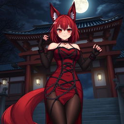 A stunning gothic anime girl Kitsune with shoulder-length red hair, dressed in an enticing red and black Japanese-style dress intricately detailed with chains