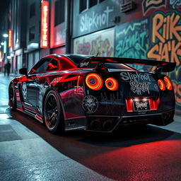A striking image of a Nissan Skyline GT-R, featuring its sleek aerodynamic design, parked in an urban environment with neon lights reflecting on its glossy paint