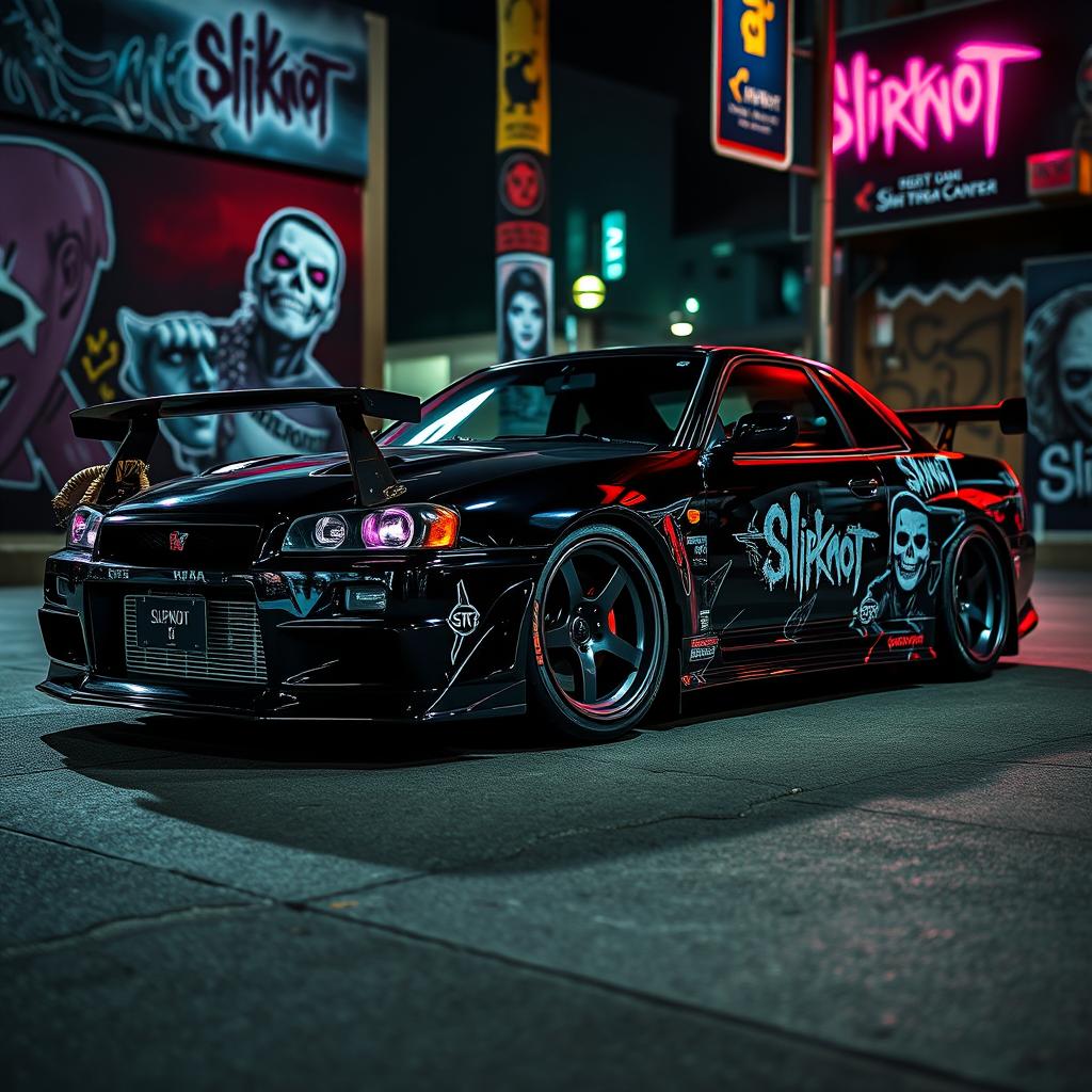 A striking image of a Nissan Skyline GT-R, featuring its sleek aerodynamic design, parked in an urban environment with neon lights reflecting on its glossy paint