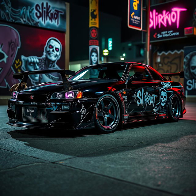 A striking image of a Nissan Skyline GT-R, featuring its sleek aerodynamic design, parked in an urban environment with neon lights reflecting on its glossy paint