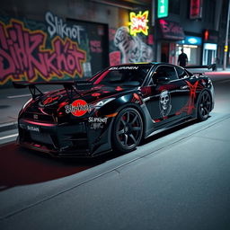 A striking image of a Nissan Skyline GT-R, featuring its sleek aerodynamic design, parked in an urban environment with neon lights reflecting on its glossy paint