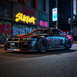 A striking image of a Nissan Skyline GT-R, featuring its sleek aerodynamic design, parked in an urban environment with neon lights reflecting on its glossy paint