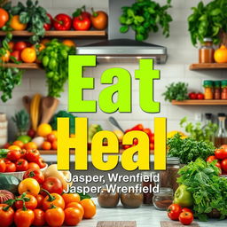 A realistic and vibrant kitchen scene filled with an abundance of fresh fruits like apples and oranges, colorful vegetables such as bell peppers and tomatoes, lush herbs like basil and parsley, and various spices displayed in attractive jars