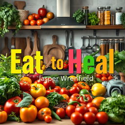 A realistic and vibrant kitchen scene filled with an abundance of fresh fruits like apples and oranges, colorful vegetables such as bell peppers and tomatoes, lush herbs like basil and parsley, and various spices displayed in attractive jars