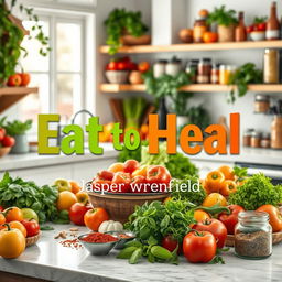 A realistic and vibrant kitchen scene filled with an abundance of fresh fruits like apples and oranges, colorful vegetables such as bell peppers and tomatoes, lush herbs like basil and parsley, and various spices displayed in attractive jars