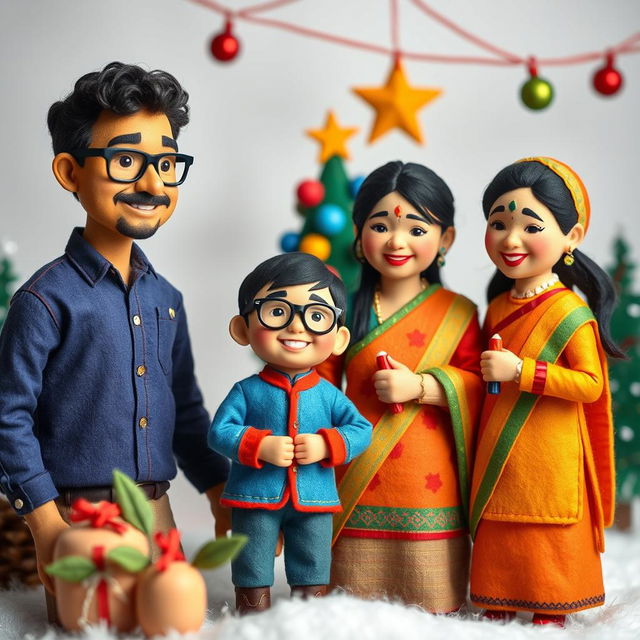 A vibrant scene of a Nepali family celebrating Christmas, composed of felt characters