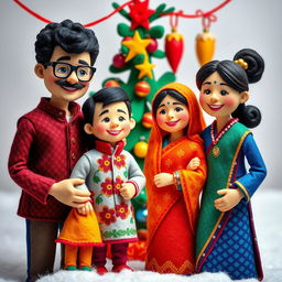 A vibrant scene of a Nepali family celebrating Christmas, composed of felt characters