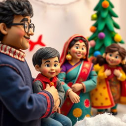 A vibrant scene of a Nepali family celebrating Christmas, composed of felt characters