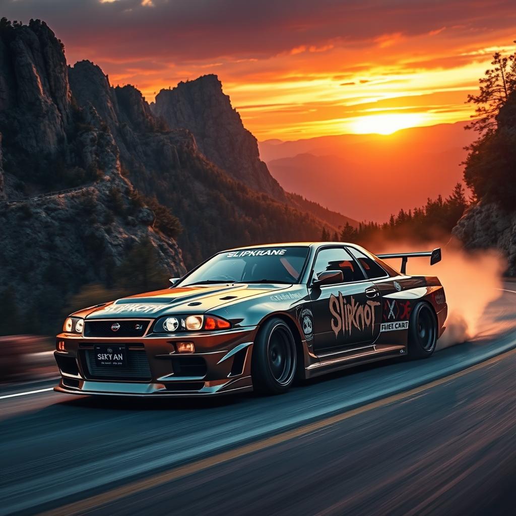 A dramatic and dynamic scene featuring a Nissan Skyline car racing down a winding mountain road