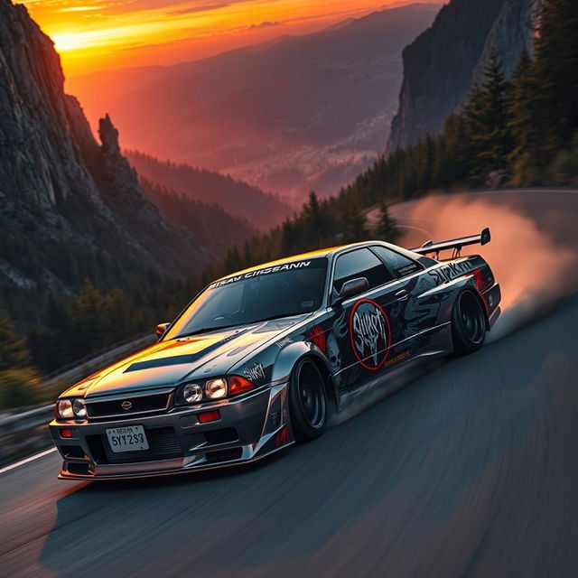 A dramatic and dynamic scene featuring a Nissan Skyline car racing down a winding mountain road