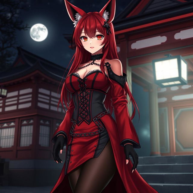 An alluring gothic anime girl Kitsune with long, sexy red hair, dressed in a stunning red and black Japanese-style dress intricately decorated with chains