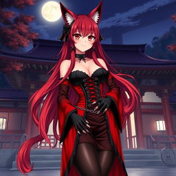 An alluring gothic anime girl Kitsune with long, sexy red hair, dressed in a stunning red and black Japanese-style dress intricately decorated with chains