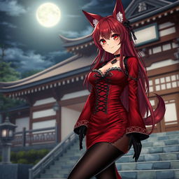 An alluring gothic anime girl Kitsune with long, sexy red hair, dressed in a stunning red and black Japanese-style dress intricately decorated with chains