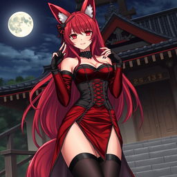 An alluring gothic anime girl Kitsune with long, sexy red hair, dressed in a stunning red and black Japanese-style dress intricately decorated with chains
