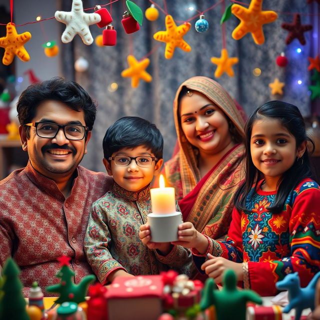 A cheerful Nepali family celebrating Christmas, featuring a 35-year-old father with curly hair and glasses, a young son also wearing glasses, a mother dressed in a beautifully designed kurta, and a daughter in a vibrant kurta