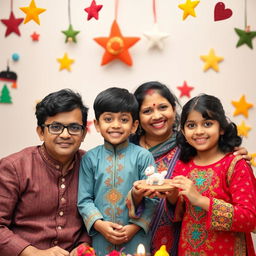 A cheerful Nepali family celebrating Christmas, featuring a 35-year-old father with curly hair and glasses, a young son also wearing glasses, a mother dressed in a beautifully designed kurta, and a daughter in a vibrant kurta