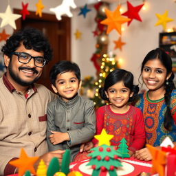 A cheerful Nepali family celebrating Christmas, featuring a 35-year-old father with curly hair and glasses, a young son also wearing glasses, a mother dressed in a beautifully designed kurta, and a daughter in a vibrant kurta