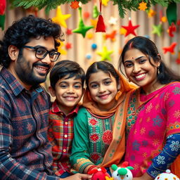 A cheerful Nepali family celebrating Christmas, featuring a 35-year-old father with curly hair and glasses, a young son also wearing glasses, a mother dressed in a beautifully designed kurta, and a daughter in a vibrant kurta