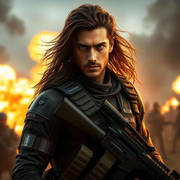 A portray of Jesús as a mercenary, wearing tactical gear and wielding weapons