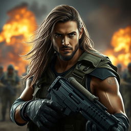 A portray of Jesús as a mercenary, wearing tactical gear and wielding weapons