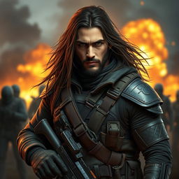 A portray of Jesús as a mercenary, wearing tactical gear and wielding weapons