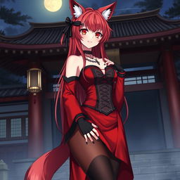 A captivating gothic anime girl Kitsune with long, sexy red hair, elegantly dressed in a striking red and black Japanese-style dress intricately adorned with chains