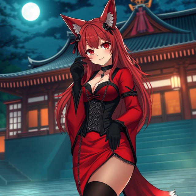 A captivating gothic anime girl Kitsune with long, sexy red hair, elegantly dressed in a striking red and black Japanese-style dress intricately adorned with chains